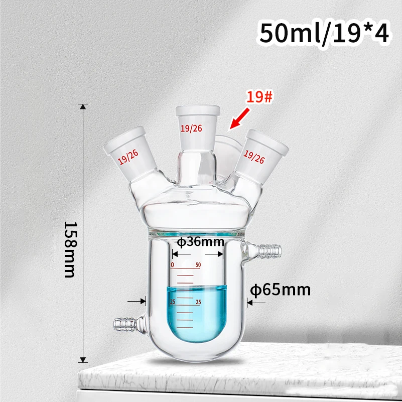 Double-layer jacketed reactor, four-neck reaction bottle, 50-2000ml round bottom flask with scale, high borosilicate glass