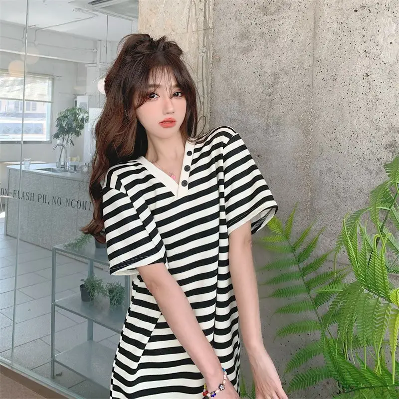 Women\'s Clothing Fashion Bow A-line Skirt Ladies Striped Pullovers 2024 New Casual Dresses O-neck T-Shirts Sweet Mini Dress