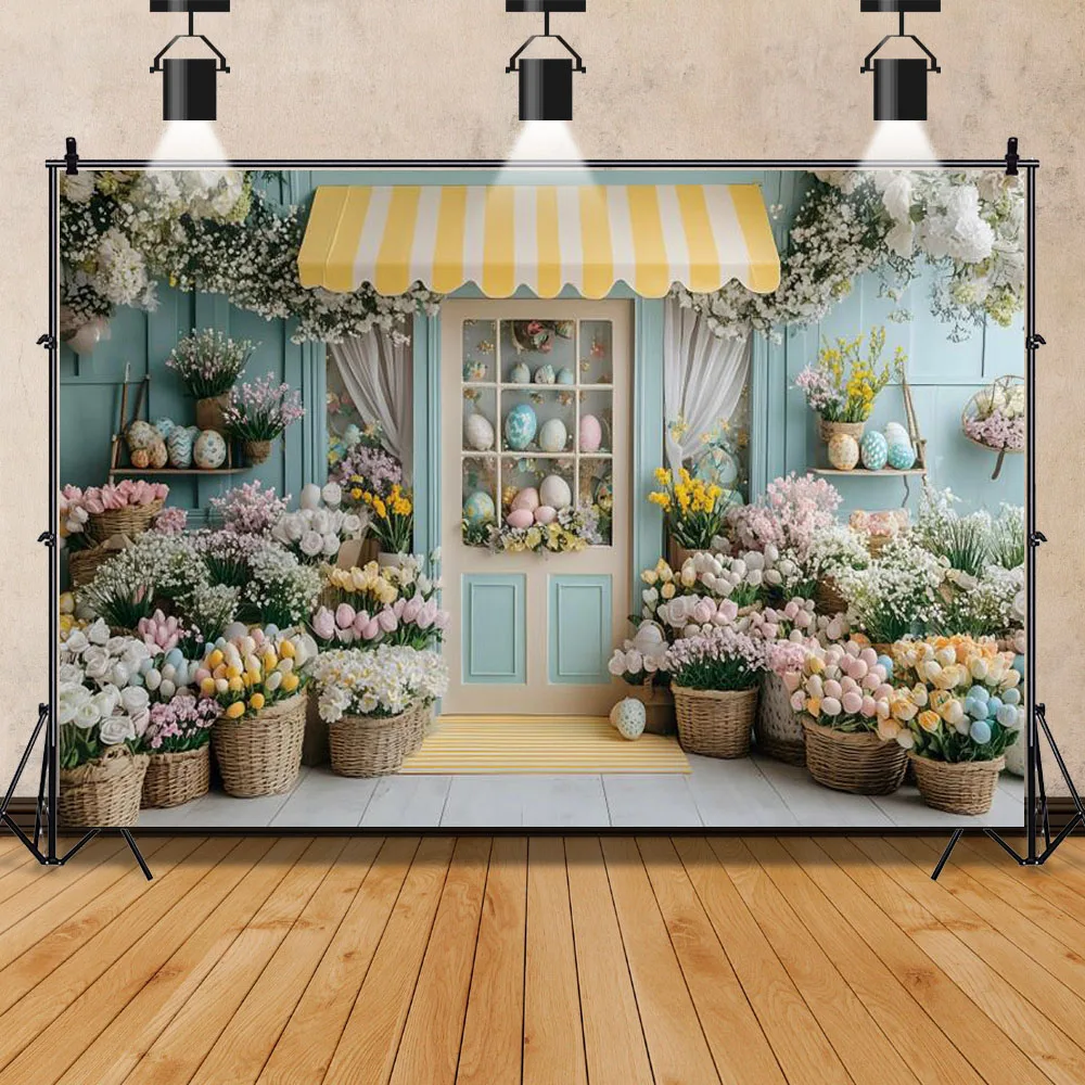 부활절 꽃 가게 배경 용수철 부활절 날 꽃 다채로운 계란, 어린이 생일 파티 사진 배경 사진 부스 소품
