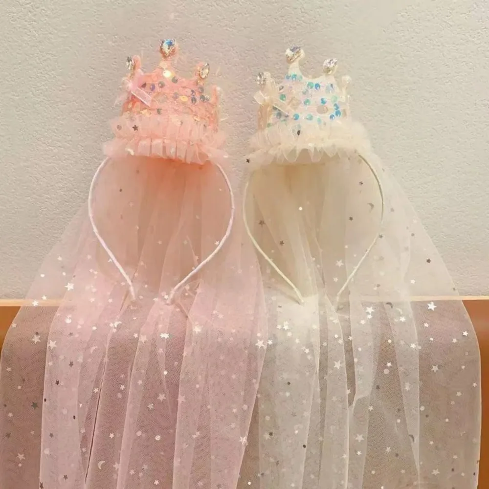 1PC Pink/White Sequin Princess Crown Veil Headband Sparkly Tulle Hair Accessory for Cute Girl's Party Dress up