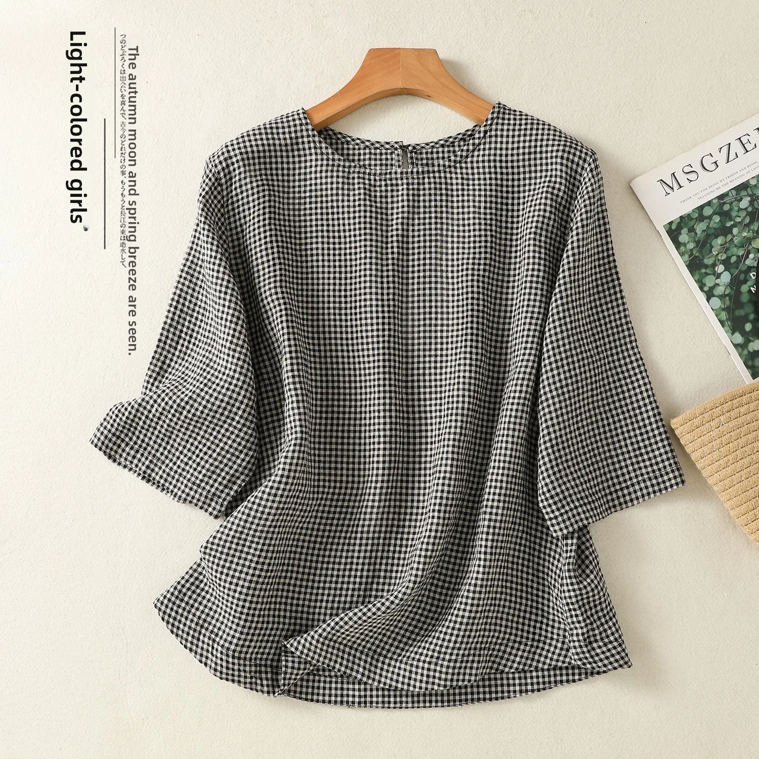 

Retro Japanese Style Cotton Linen Plaid T-Shirt Women Summer New Loose Slimming Casual Short Sleeve Linen Top