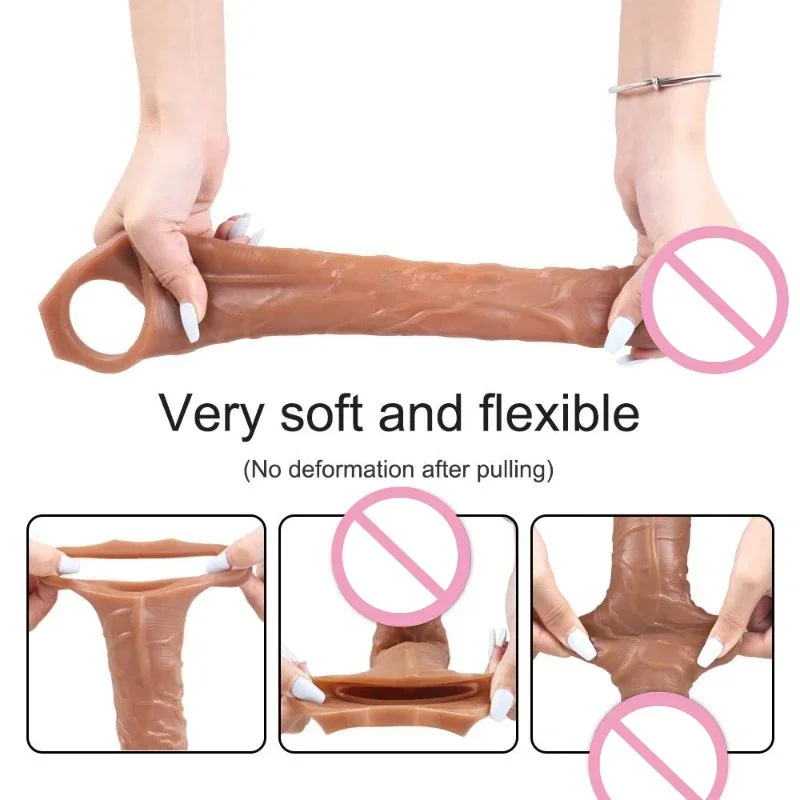 Thickening and Lengthening 25cm Big Penis Enlargement Sleeve Penis Extender Extension Sex Toys Reusable Condoms Adult Toys