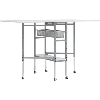 Table de passe-temps pliable avec plateau en grille, table d'art et d'artisanat blanc, rangement argenté, égouts de proximité, 58.75 po x 36.5 po