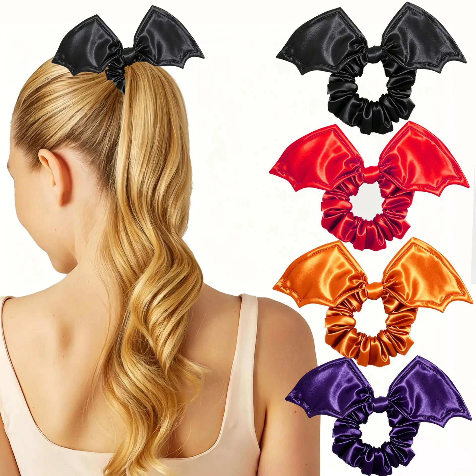 4Pcs Satin Bat Wings Scrunchie Hair Rope Halloween Cosplay Hair Accessories Gothic Devil Bow Elastic Hair Tie Party Dress