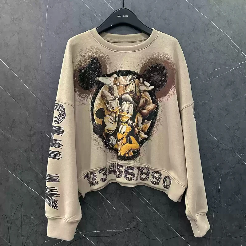 2024 Autumn and Winter New Heavy Industry Cartoon Crew Neck Pullover Sweatshirts Women Loose Versatile Crew Neck Drop Sleeve Top