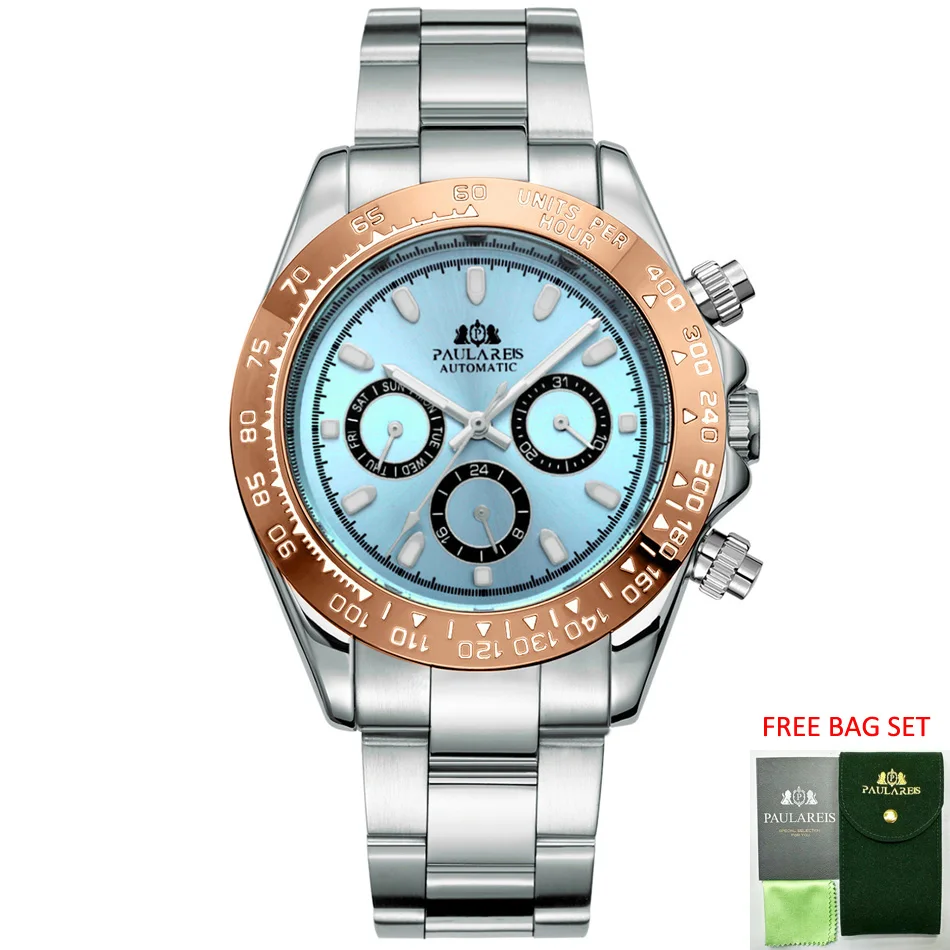 

Автоматические часы для мужчин, механические самодельные часы Weind Gold из нержавеющей стали, Ледяной, голубой, каштановый, коричневый Безель, мужские дешевые часы