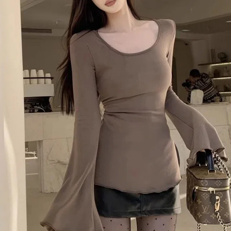 Pure Lust Style Trumpet Long-sleeved T-shirt for Women Spring Autumn New Style Irregular Mid-length Slim Slim Slit Hot Girl Top