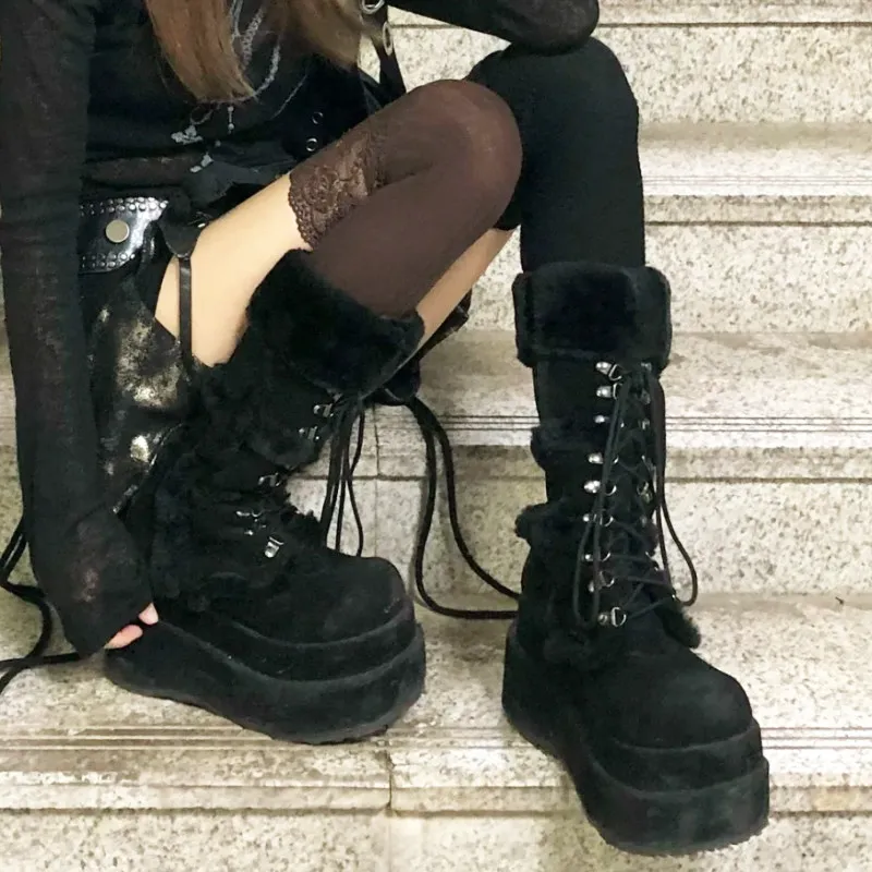 Gothic Y2K Punk Women Knee High Knight Boots, Harajuku Platform Thick Sole Lace Up Tall Boots, Winter Spicy Girl Fashion Boots