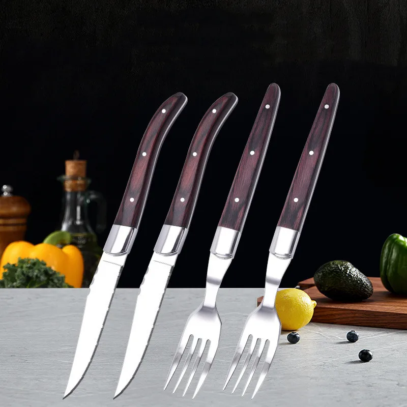 

6Pcs Stainless Steel Thickening Colored Wood Steak Knife Fork Dinner Tablewares Set With Solid Wood Handle Western-Style Food