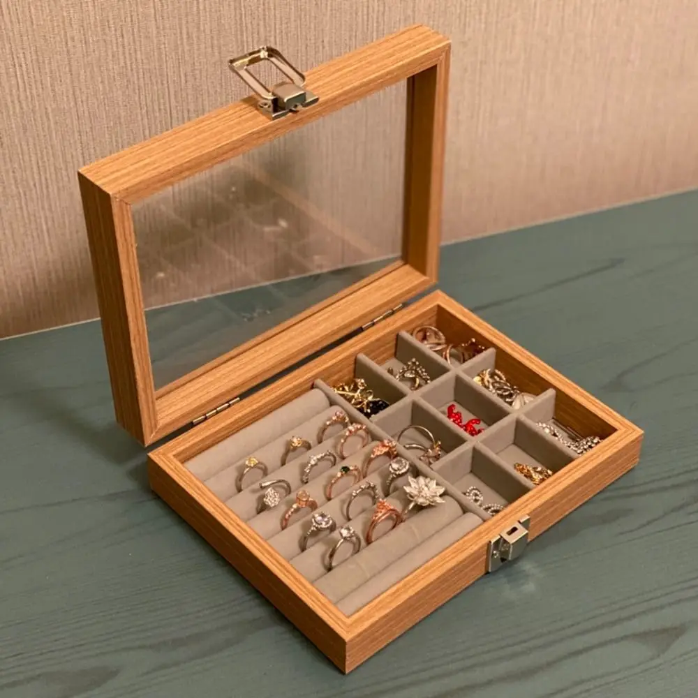 

Velvet Wooden Jewelry Box Glass Lid Large Capacity Jewelry Display Tray Storage Box Earrings Jewelry Organizer Jewelry Storage