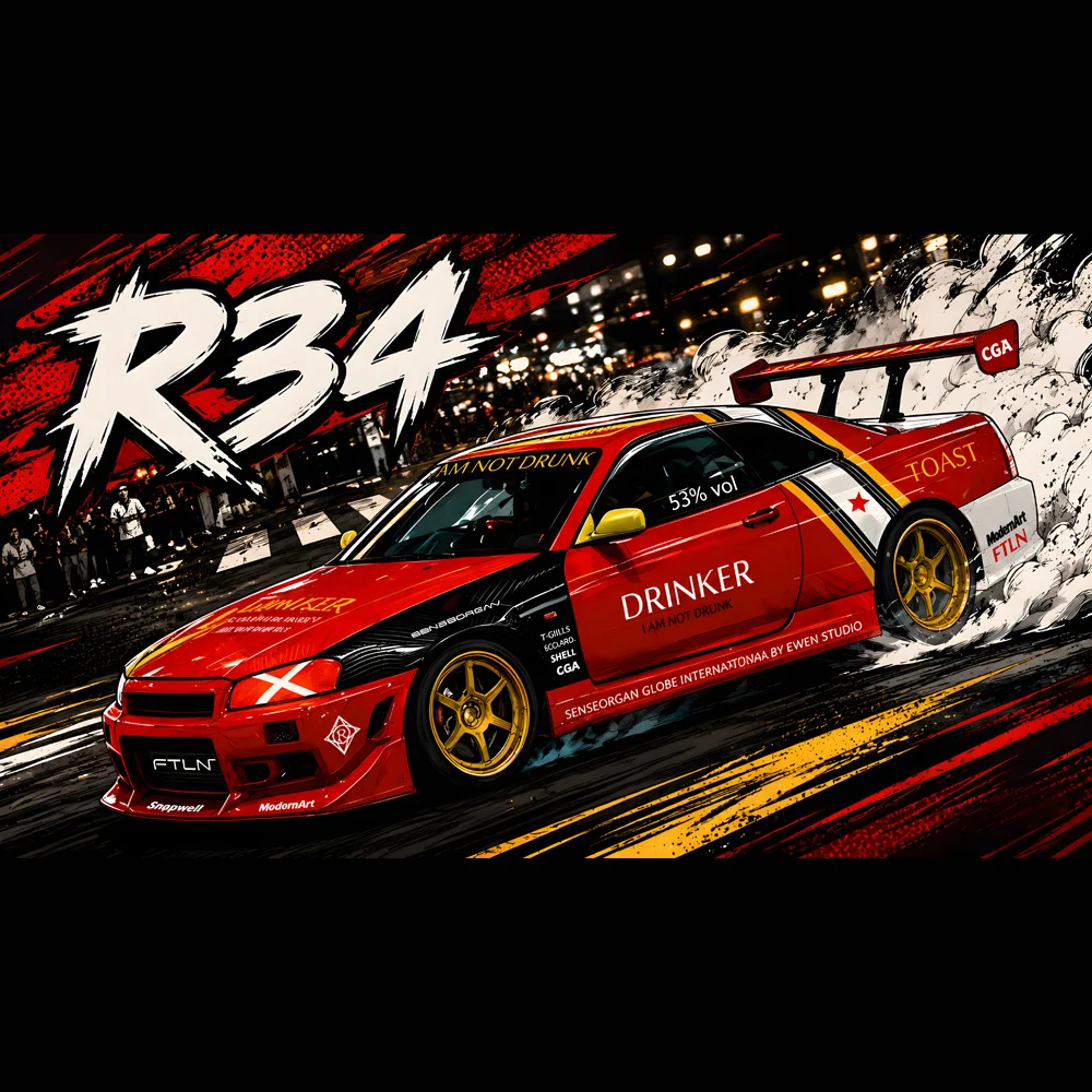 ModernArt 1/64 MD & ShepWell Collaboration "Drinker Not Drunk 2.0" GTR R34 Alloy Miniature, Limited Edition Collectible Gift