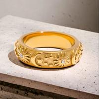 Vintage Gold Color Chunky Stars Moon Sun Engraved Celestial Stainless Steel Dome Rings with CZ Stone Ornament Jewelry for Women