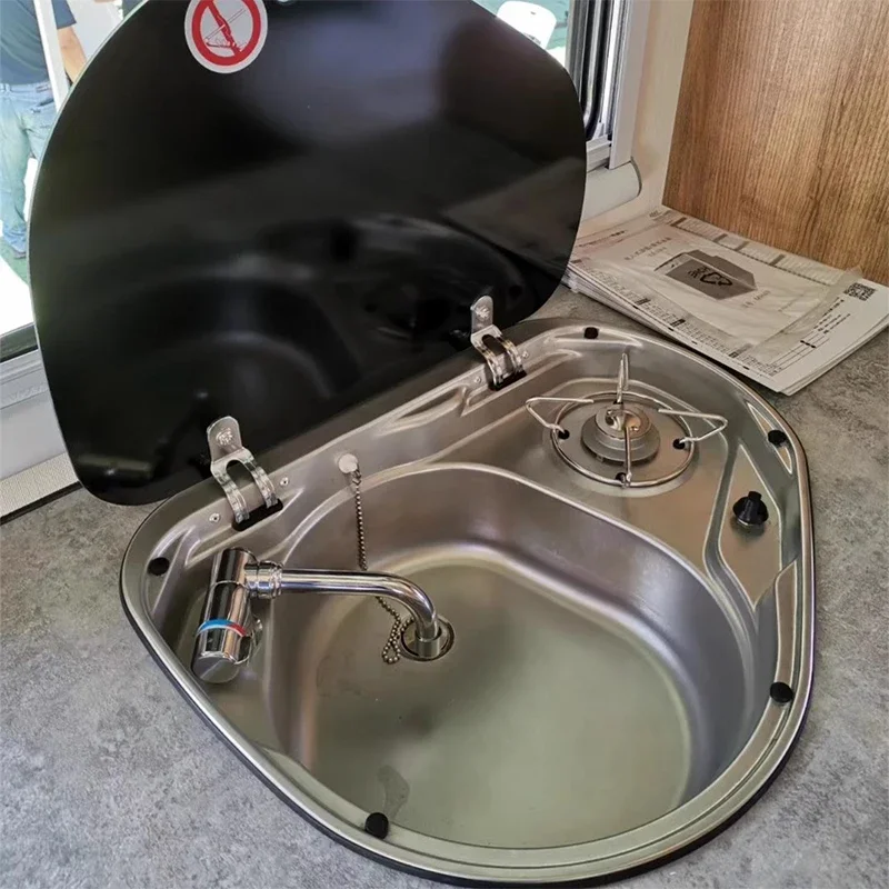 

Stainless Steel 2-in-1 Water Tank Gas Stove for RVs and Yachts Gas Stove with Tempered Glass Cover and Water Basin