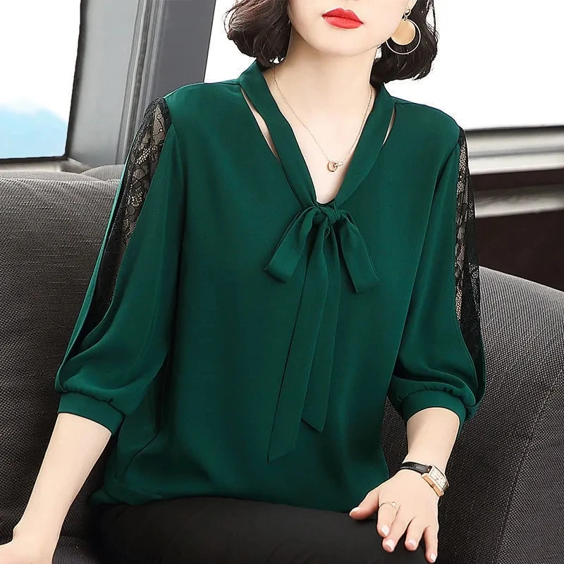 Oversized 3/4 Sleeve Mom Chiffon Causal Summer Loose Plus Size Tops Korean Fashion Chic Elegant Thin Shirt