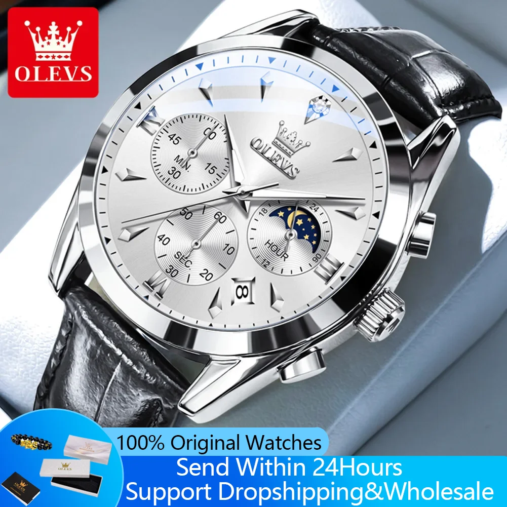 

Мужские часы OLEVS 3609, оригинальные, с функцией отображения фаз луны, хронограф, кварцевые, водонепроницаемые, светящиеся, роскошные.