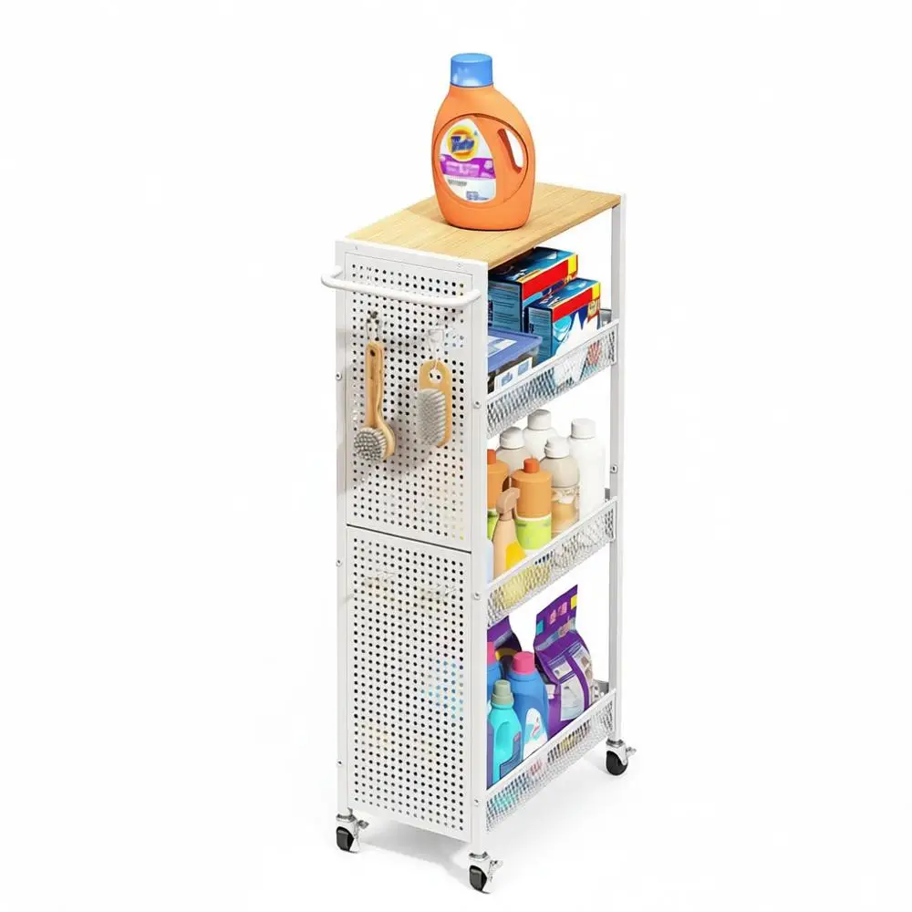 

4-Tier Rolling Storage Cart with Wooden Top for Kitchen and Laundry Room Organization
