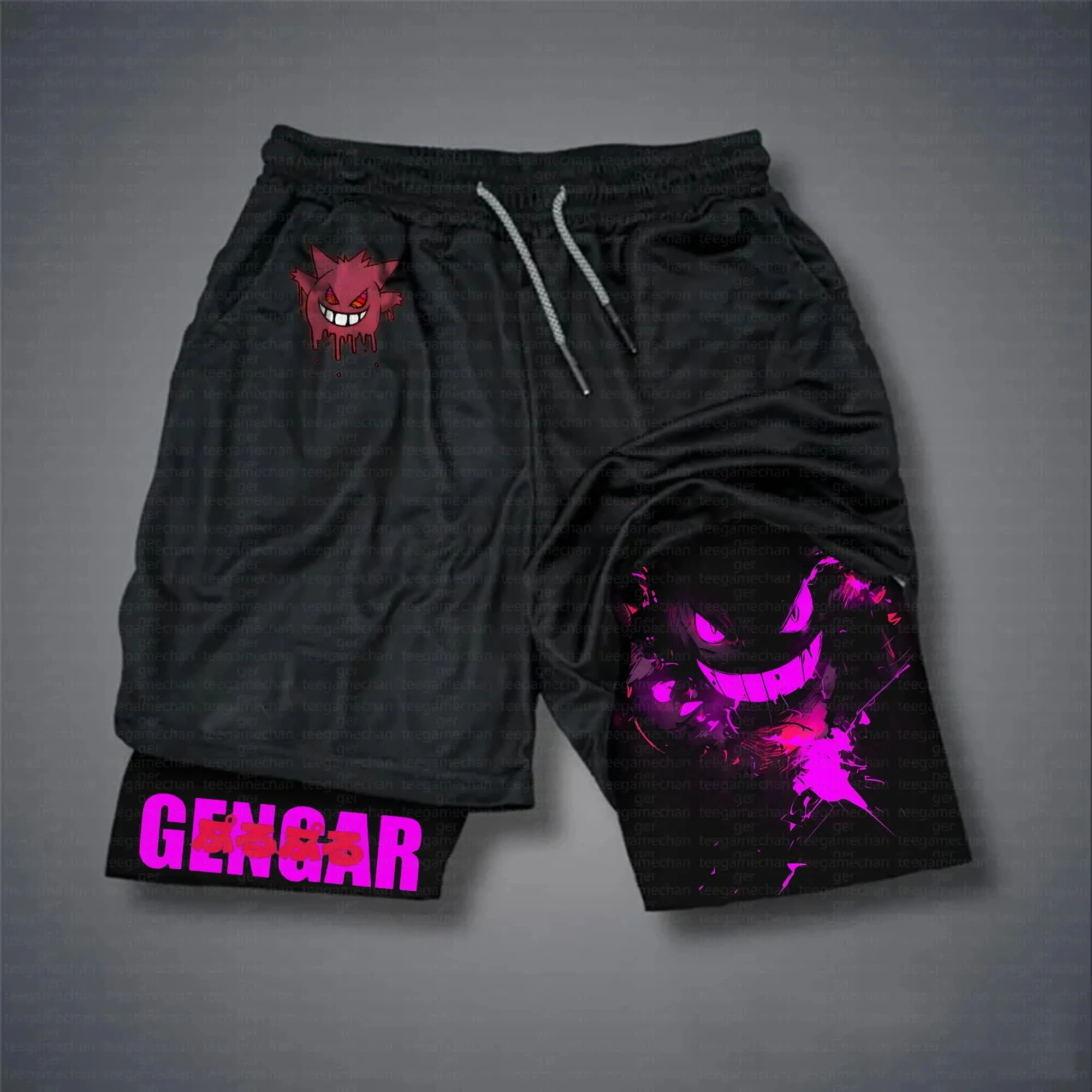 shorts-pretos-de-anime-estampados-pokemon-gengar-fantasma-roxo-com-remendo-rosa-poke-ball-cordao-cinza