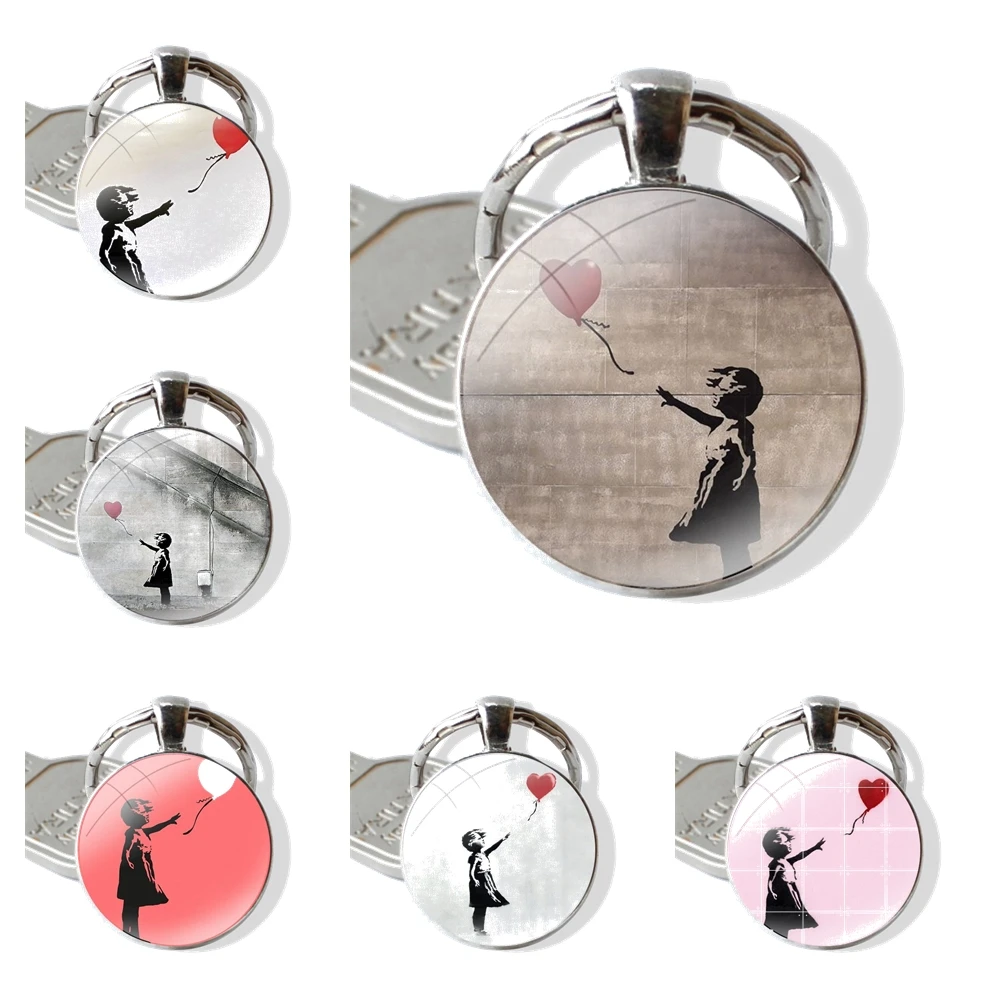 Keychain Handmade Glass Cabochon Key Ring Holder Pendant Key Chains Banksy Girl With Red Balloon