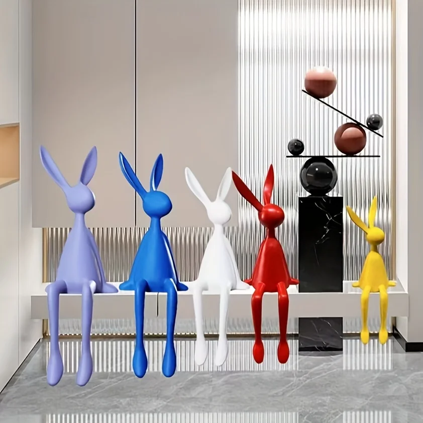 Figurita de conejo de dibujos animados, adorno de conejito de orejas largas sentado de resina, decoración para sala de estar, accesorios de conejo, 1 ud.