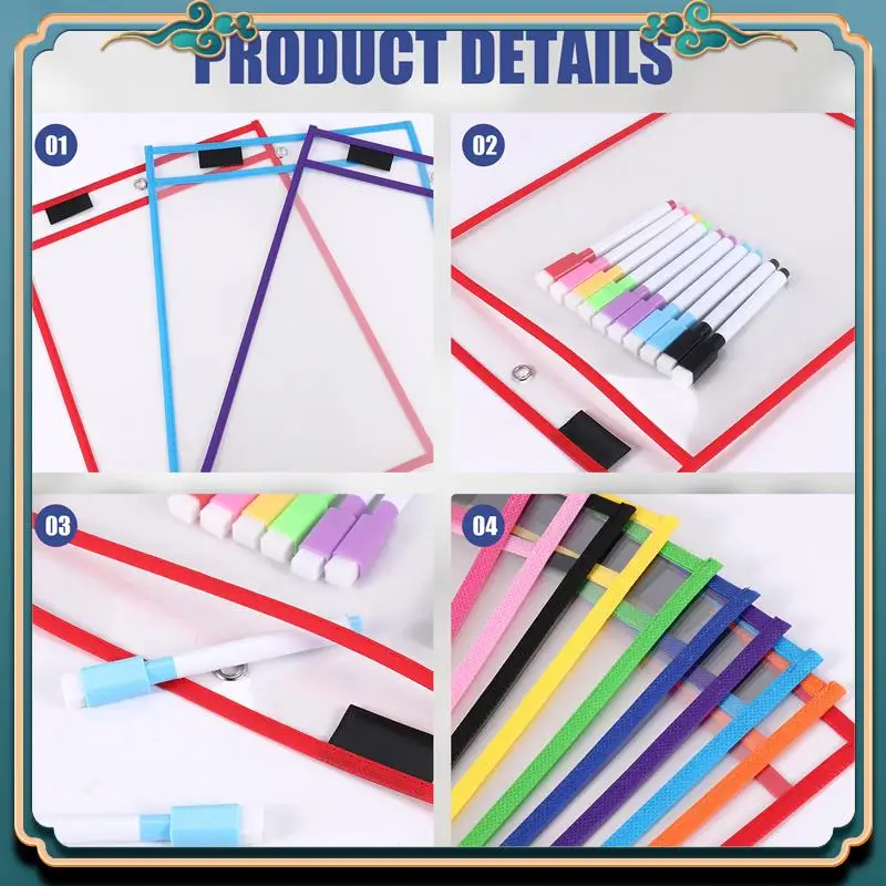 (新品)-ドライイレースポケットスリーブ、(10パック) A4用紙ジョブチケットホルダー、教室用ワークシート用の再利用可能なドライイレースシート