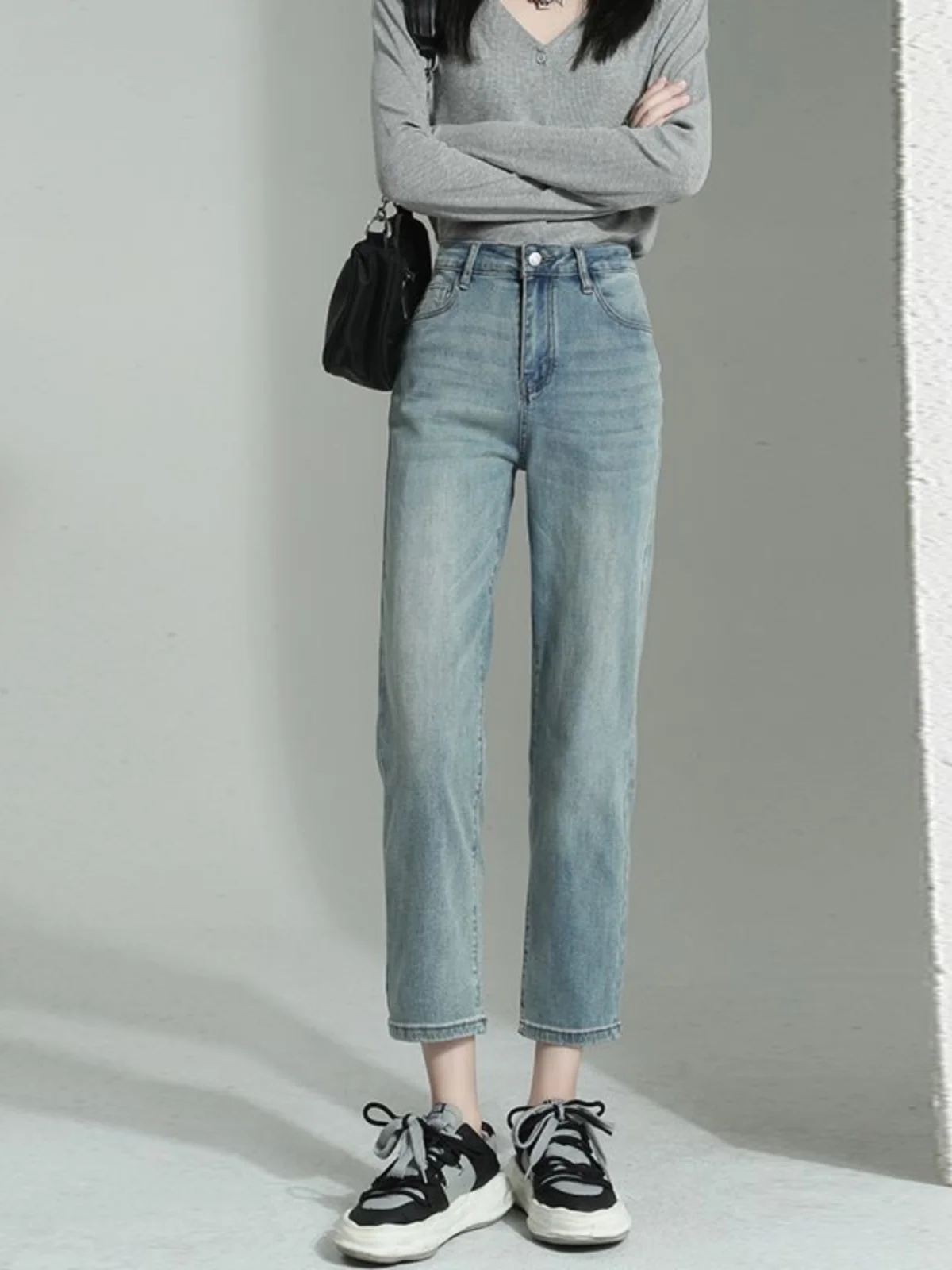 

High Waist Straight Leg Jeans Women's Slim Fit Narrow Version Nine Point Pants Small Size Smoke Tube Pants Spring Autumn New ...