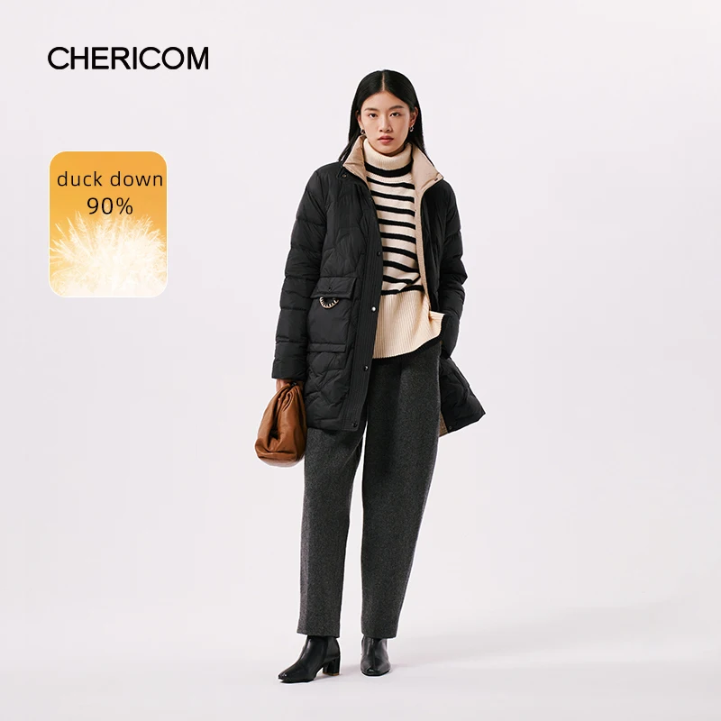 Chericom Winter Mid-Length Stand-Up Collar Solid Color Women's Down Jacket Large Pocket Straight Slim Commuter Jacket 299062