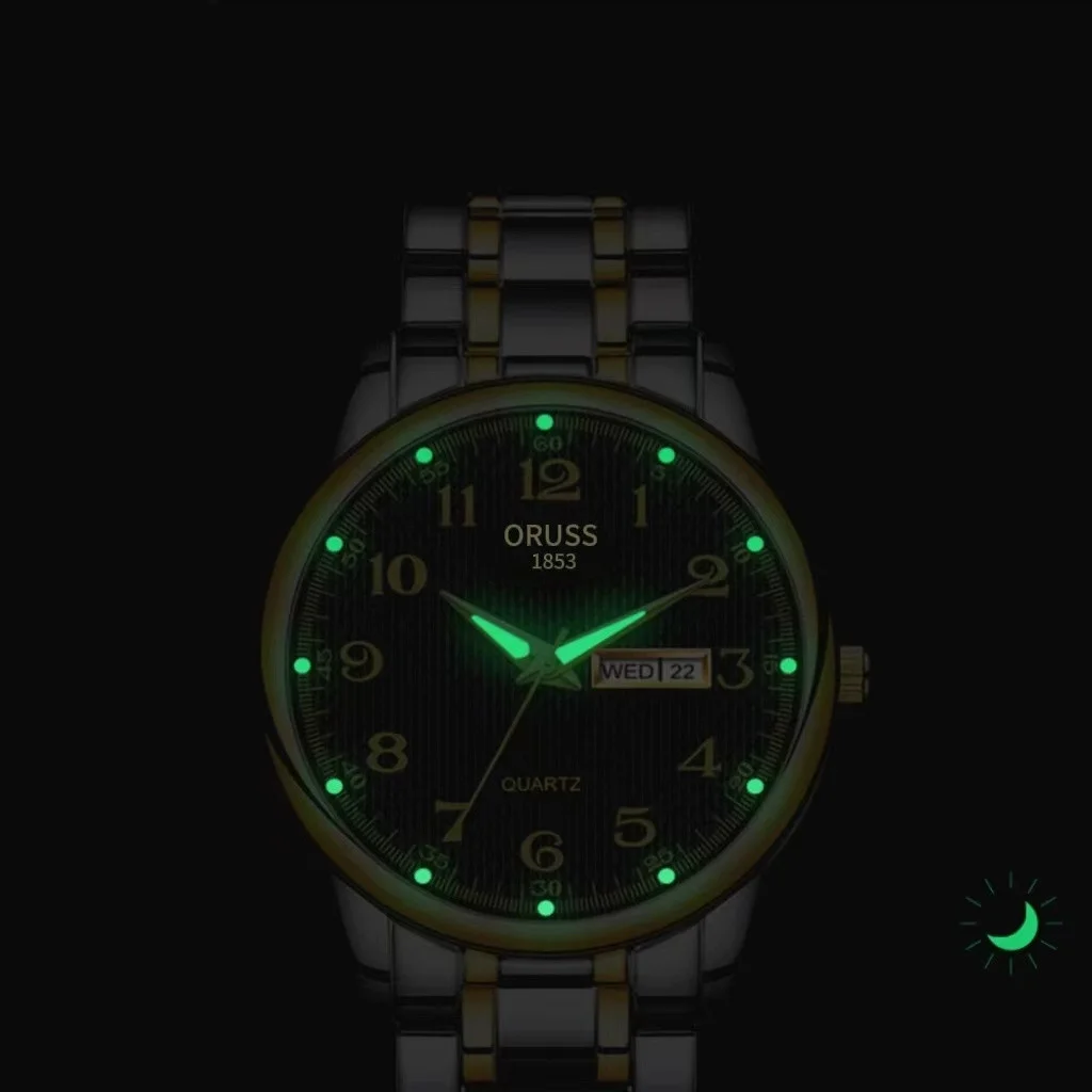 ORUSS Orologio da uomo classico al quarzo da uomo Quadrante digitale Data Settimana Orologio da polso luminoso impermeabile da uomo in oro