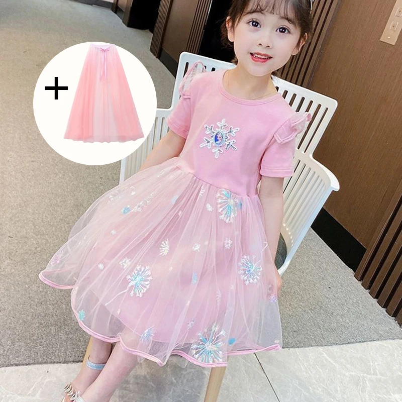 New Summer Girls Dress Cloak Short sleeve Disney Kids Clothes Blue for Children Birthday Party Frozen Elsa Anna Princess Dresses