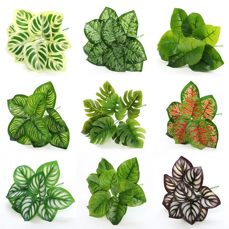 Hojas de Monstera artificiales para decoración del hogar, plantas falsas, accesorios de fotografía para fiesta de cumpleaños, boda, 33cm, 9 cabezas, verde, rojo, morado