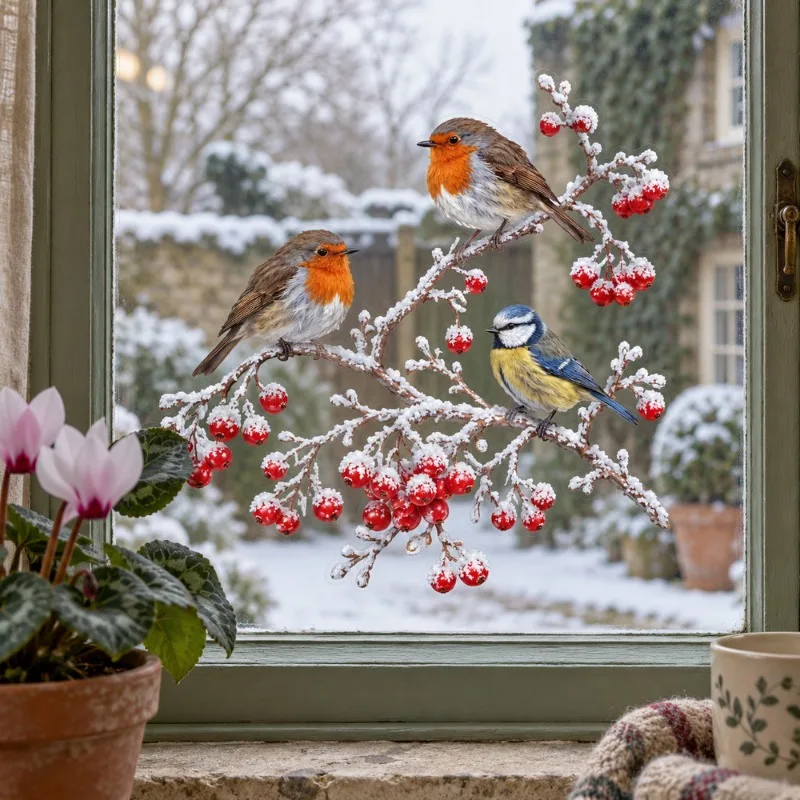 Christmas Static Window Clings Robin Bird Red Berry Bare Twigs Snow Covered Berries Bird Window Holiday Decor Stickers