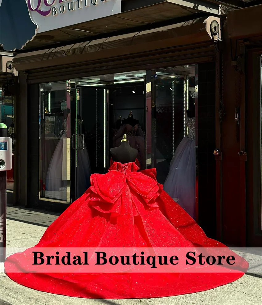 Luxury Red Quinceanera Dresses 2024 Ball Gown With Bow Beads Crystal Sweet 16 Dresses Birthday Party Gown Custom-Made