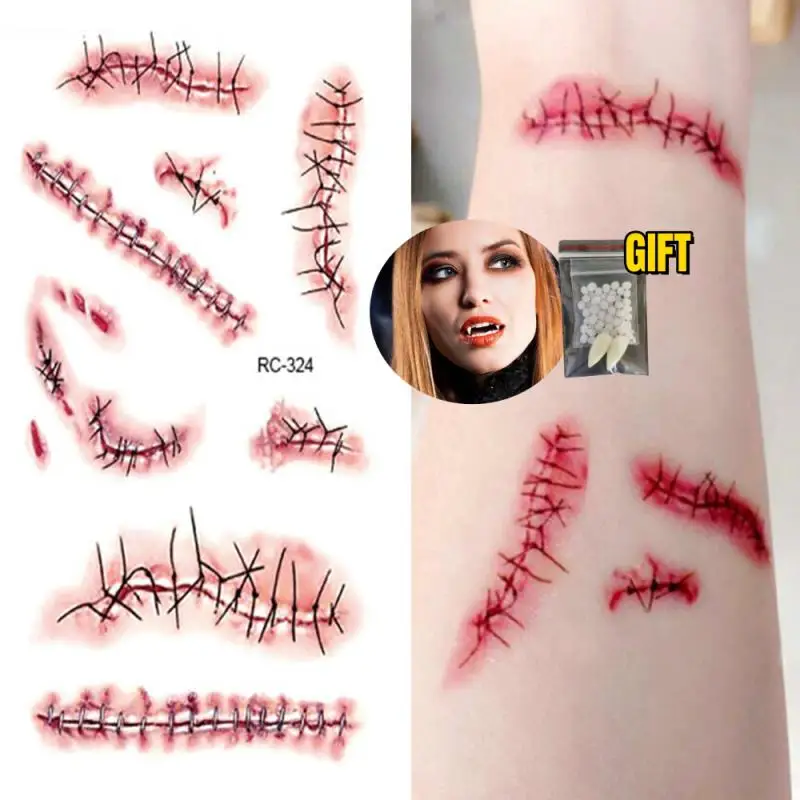 3D Fake Scar Tattoos Sticker Body Face Realistic Scab Temporary Tattoos Halloween Horror Wound Bloody DIY Makeup Stickers