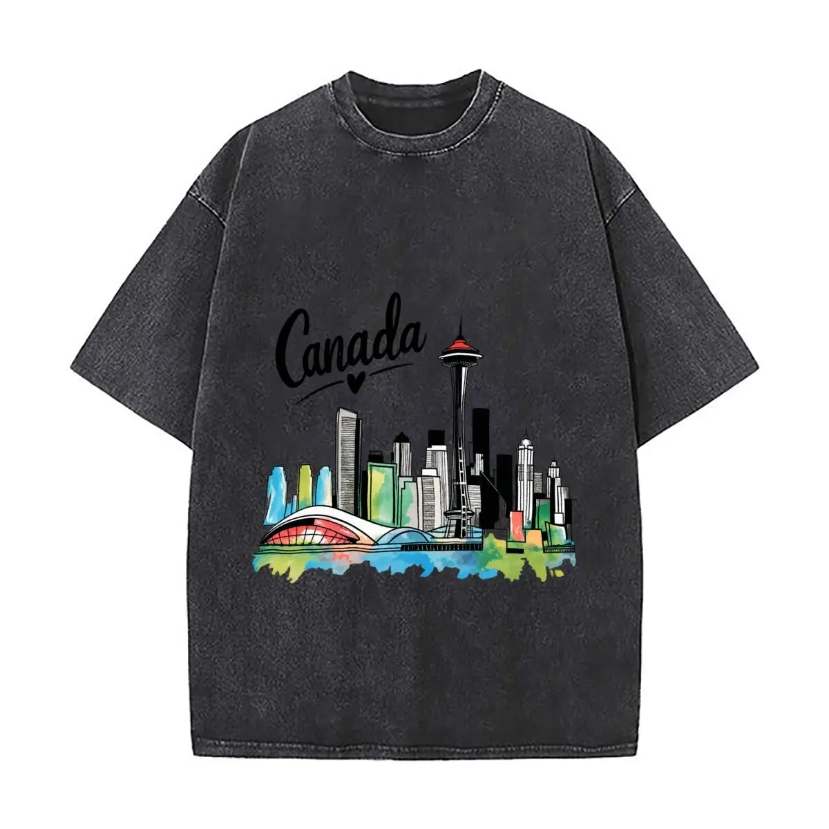 Canada Love Heart Watercolor City Skyline Space Needle Graphic Distressed Vintage Oversized Streetwear Tops for Coffee Dates