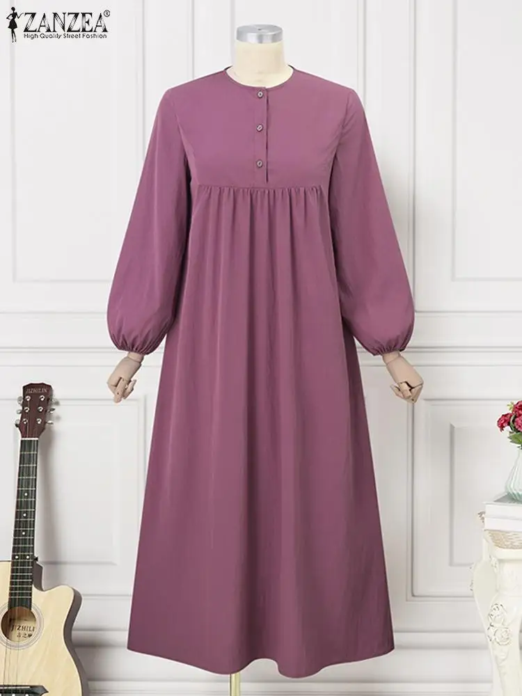 ZANZEA Muslim Fashion Dress Abaya IsIamic Clothing Women Elegant Long Sleeve Party Robe Vestidos Causal Loose Ramadan Sundress