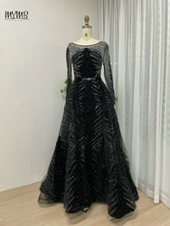 MYMB Black Scoop Neck A-Line Women Formal Party Elegant Gown Long Sleeves Beaded Illusion Back Evening Dress vestidos de novia