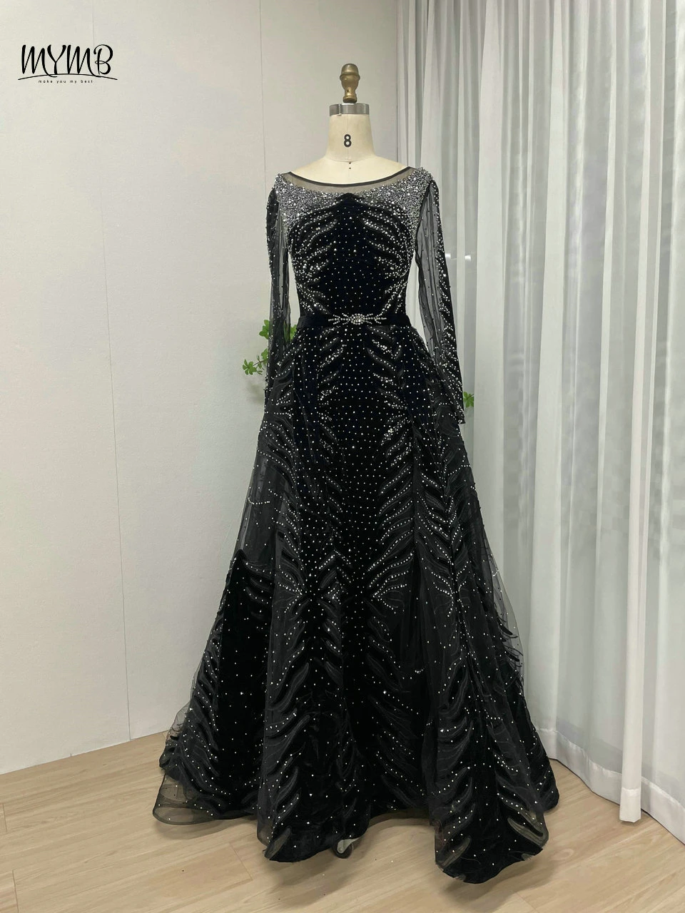 MYMB Black Scoop Neck A-Line Women Formal Party Elegant Gown Long Sleeves Beaded Illusion Back Evening Dress vestidos de novia