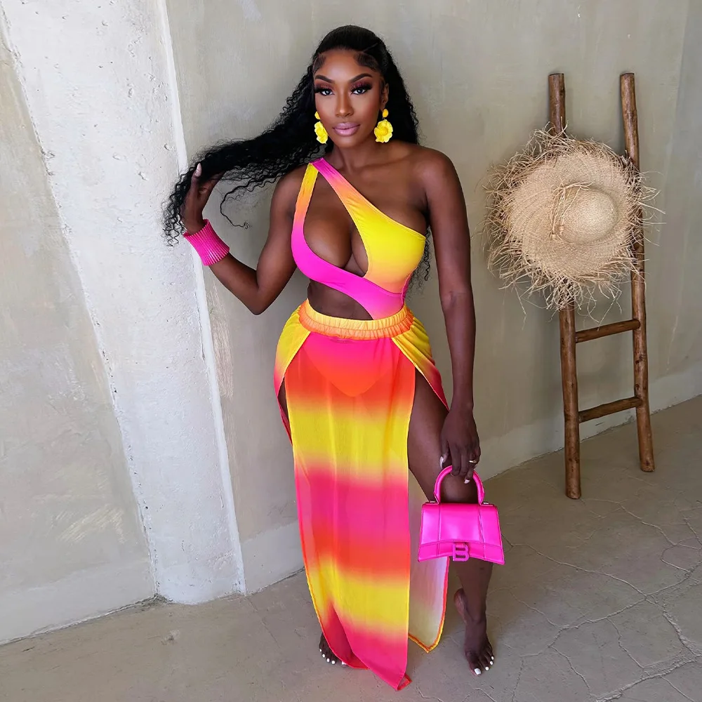 

Sexy Women Gradient Maxi Long Skirt Suit Skew Collar Bodysuit Romper and High-Waist Split Skirt Summer Bikinis Set Nightclub Set