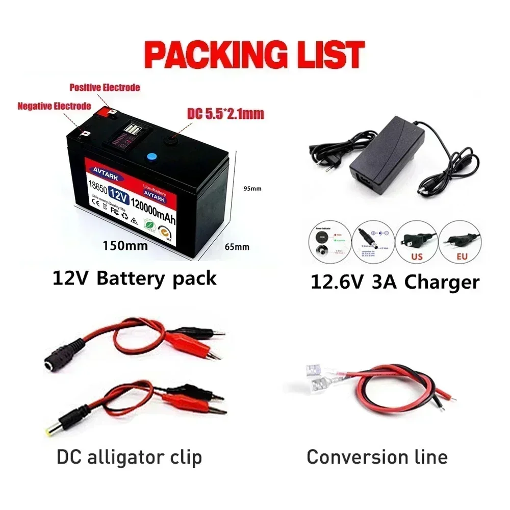 Batterie au lithium aste pour véhicule électrique à énergie solaire, chargeur 12,6 V, 3A, 12V, 120Ah, 18650