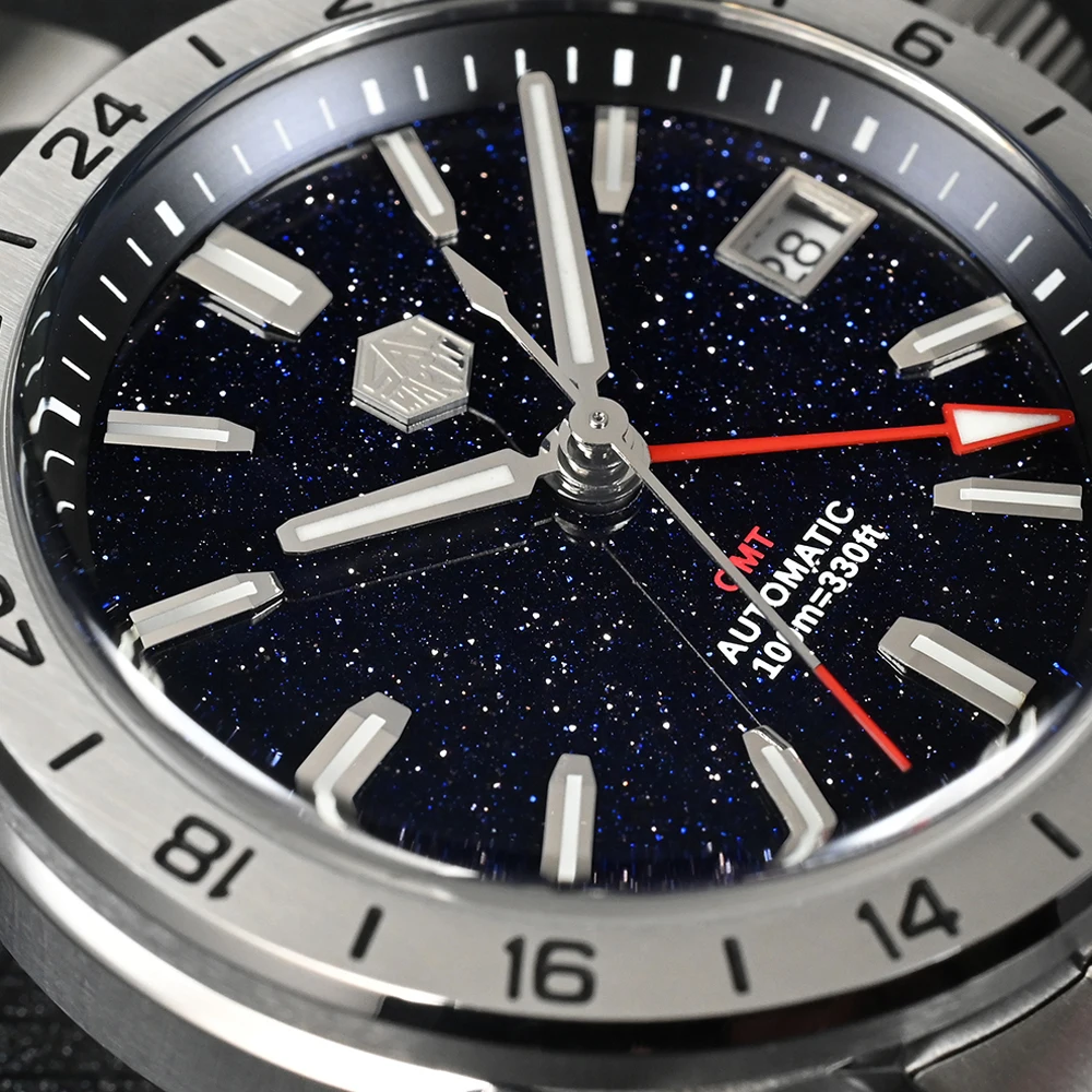 San Martin Design GMT Luxury Men Watch Aventurine Gemstone Dial NH34 Stainless Steel Automatic Mechanical Wristwatch 100m SN0129
