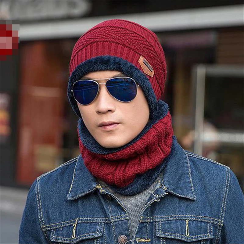 

Men's Winter Beanie Hat Scarf Set Casual Knitted Balaclava Beanies Caps Mufflers Keep Warm Mouth Neck Warmer I004