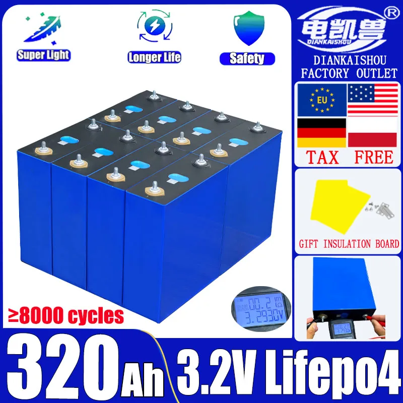 

Grade A 3.2V 320Ah Lifepo4 Battery Rechargeable Batteries 8000 cycles DIY 48V 24V 12V RV EV Boat Yacht Vans Cells tax free
