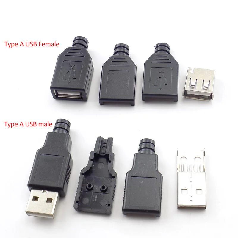 USB 2.0 macho e fêmea 4 pinos soquete adaptador, conector de solda com tampa plástica preta, plugue DIY, tipo A, 1 pc, 5 pcs, 10pcs