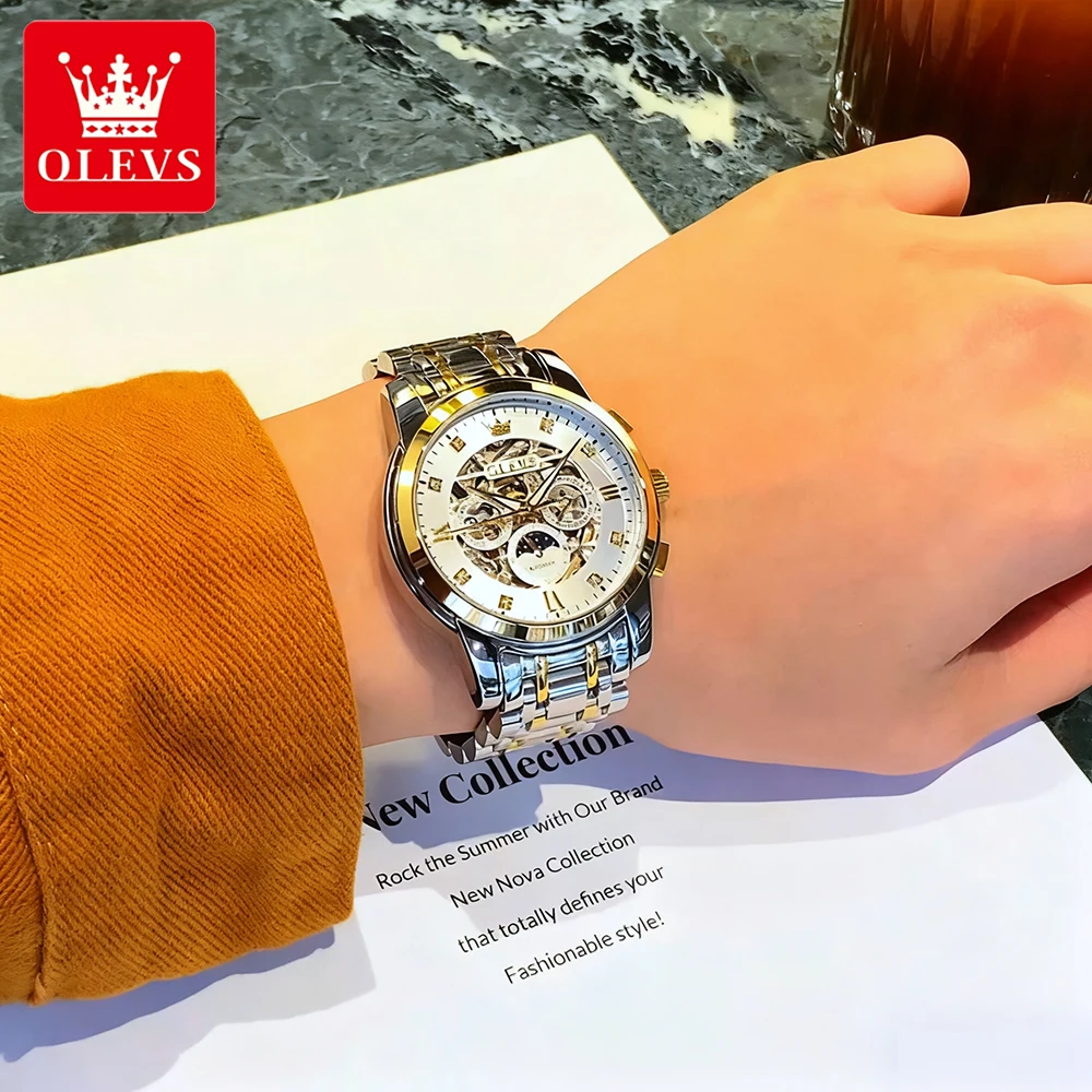 OLEVS Mode herren Uhren Top Marke Edelstahl Original Automatische Mechanische Armbanduhr Aushöhlen Selbst-winding Schwungrad
