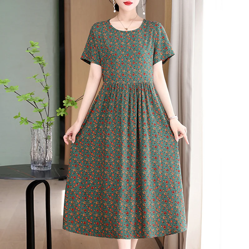 Nowa moda 2024 Letnie sukienki dla kobiet Plus Size O-neck Dress Print Vintage Krótkie proste naturalne sukienki Odzież damska