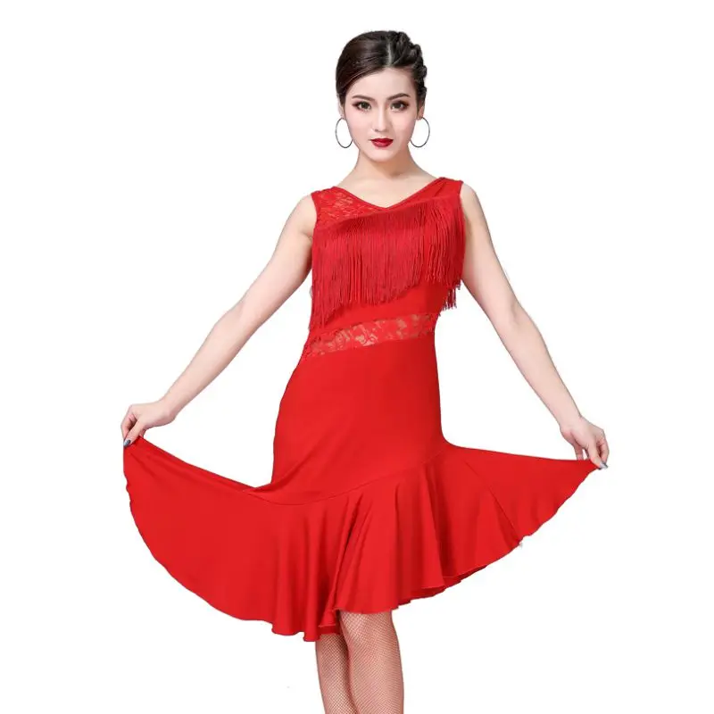 Women Lace Tassel Latin Camisole Dress For Adult Solid Color V-Neck Sleeveless Temperament Dance Dress Stage Costume