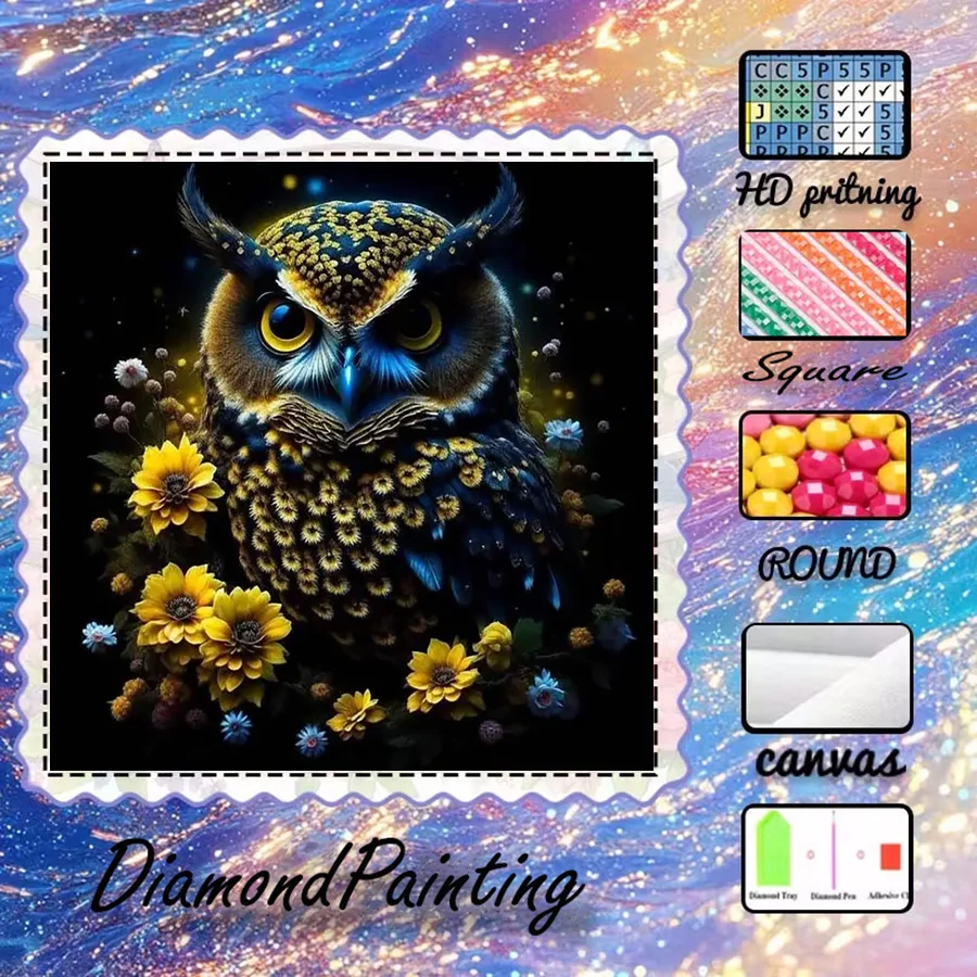 

1 piece - 5D-DIY - Flocking cloth - Special drill - Diamond painting set - Owl, flower - Mosaic - Diamond art