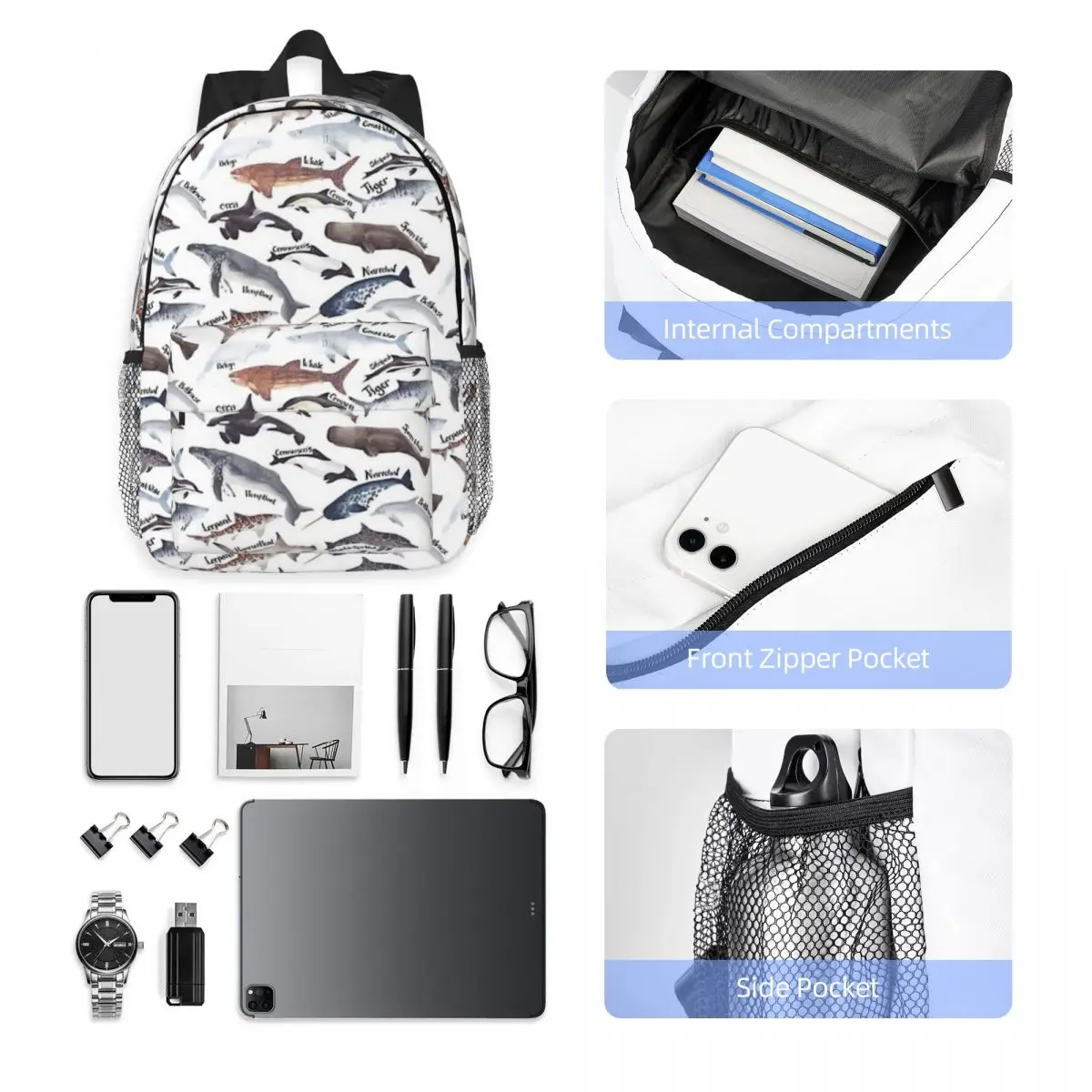 Types Of Whales, Sharks And Dolphins Watercolour Backpacks Teenager Bookbag Students School Bags Laptop Rucksack Shoulder Bag