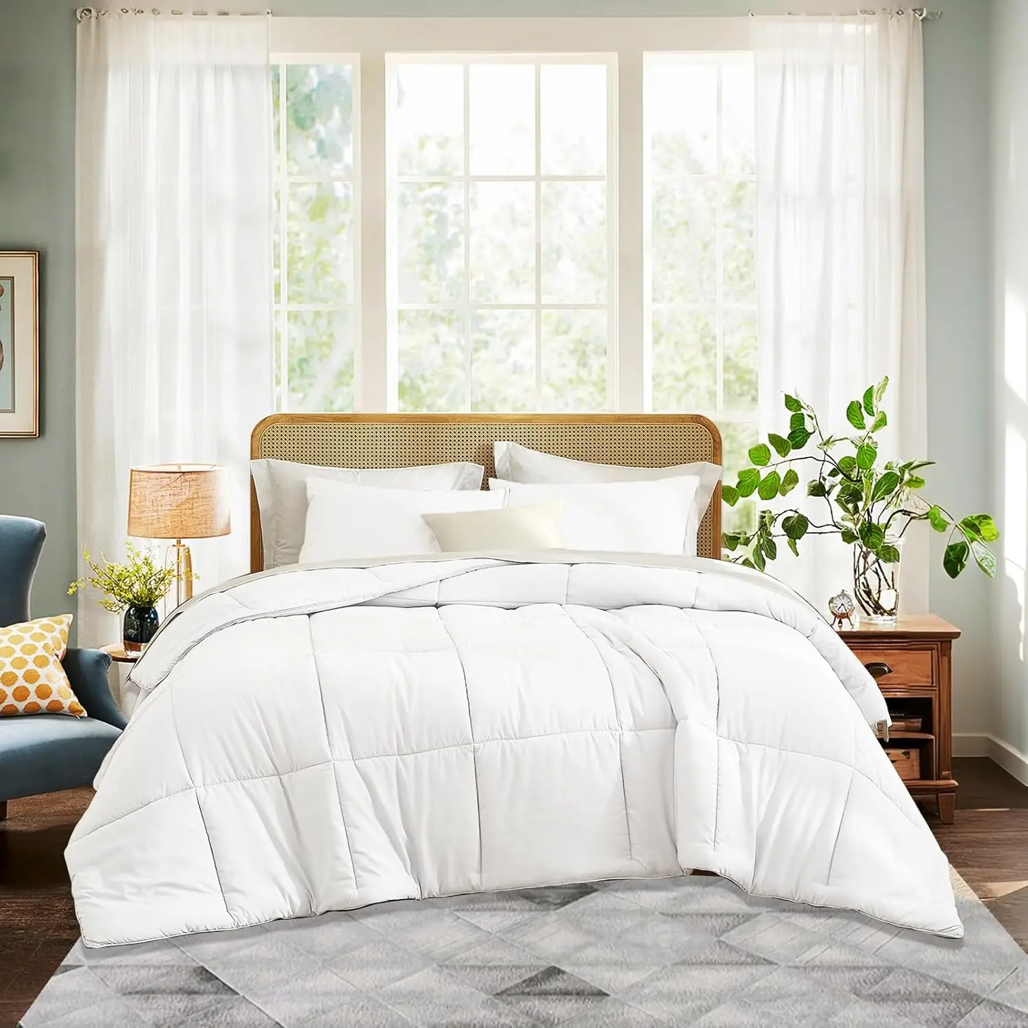 3PCS Comforter Set White Quilt Bedding Set (1 Comforter and 2 Pillowcase) Stitched Plaid Comforter Set Washable for Bedroom