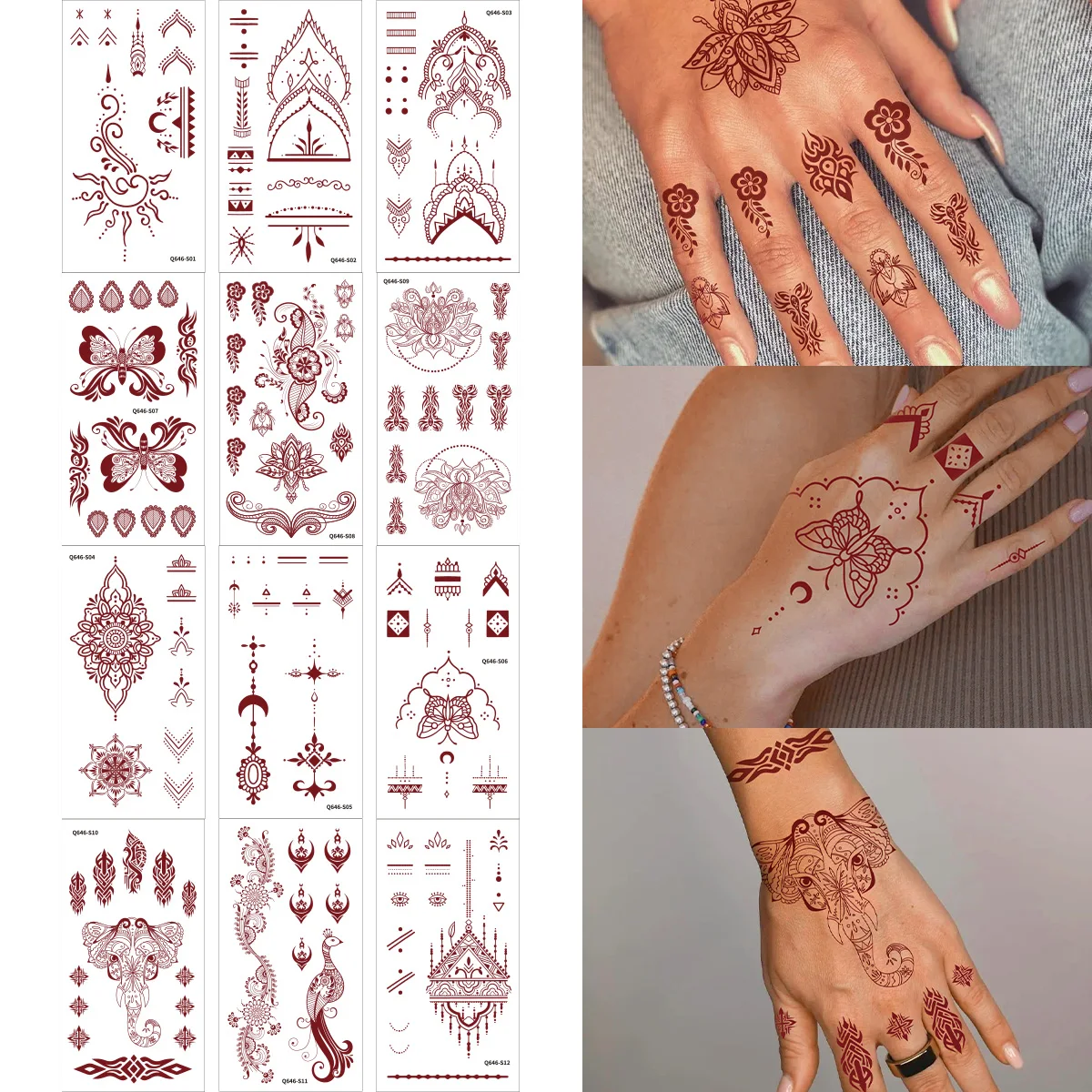 12Pcs Butterfly Henna Tattoo Stickers Set for Hand Brown Red Henna Tattoos for Women Waterproof Temporary Mehndi Fake Tattoo