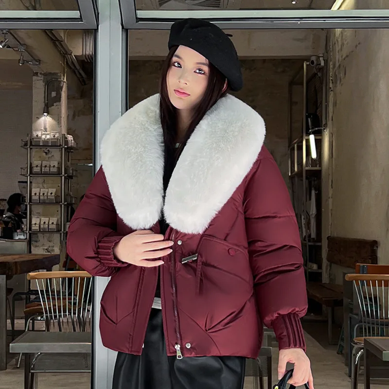 Hooded Women Parkas Coats Short Jacket Oversize Solid Big Fur V Collar Zipper Loose Fit Thick Office Lady Casual 2025 Winter